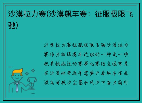 沙漠拉力赛(沙漠飙车赛：征服极限飞驰)